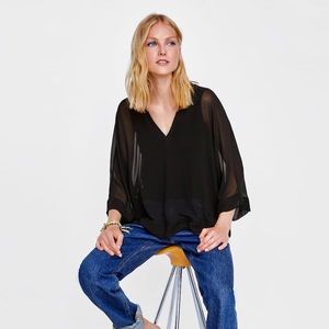Zara Blouse with Ribbed Neckline, Black